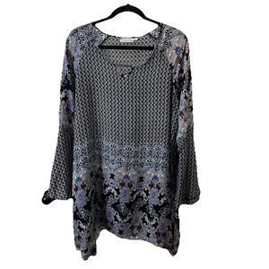 Southern Stitch Black Blue Geometric Paisley Flare 3/4 Sleeve Dress Womens XL